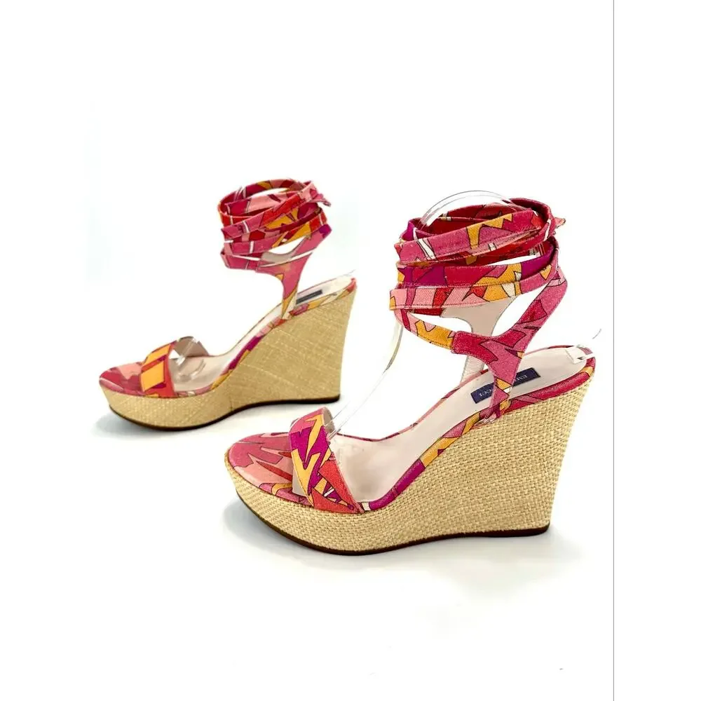 Emilio Pucci Vintage Y2K Wedge Sandal Size 10/40 Pink Multicolor Designer Italy